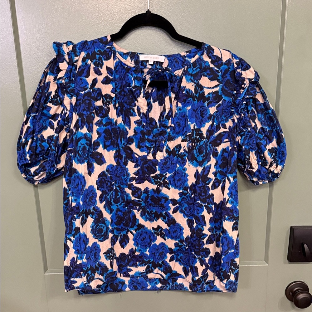 Olivaceous Blue Floral Puff-Sleeve Blouse on Cream